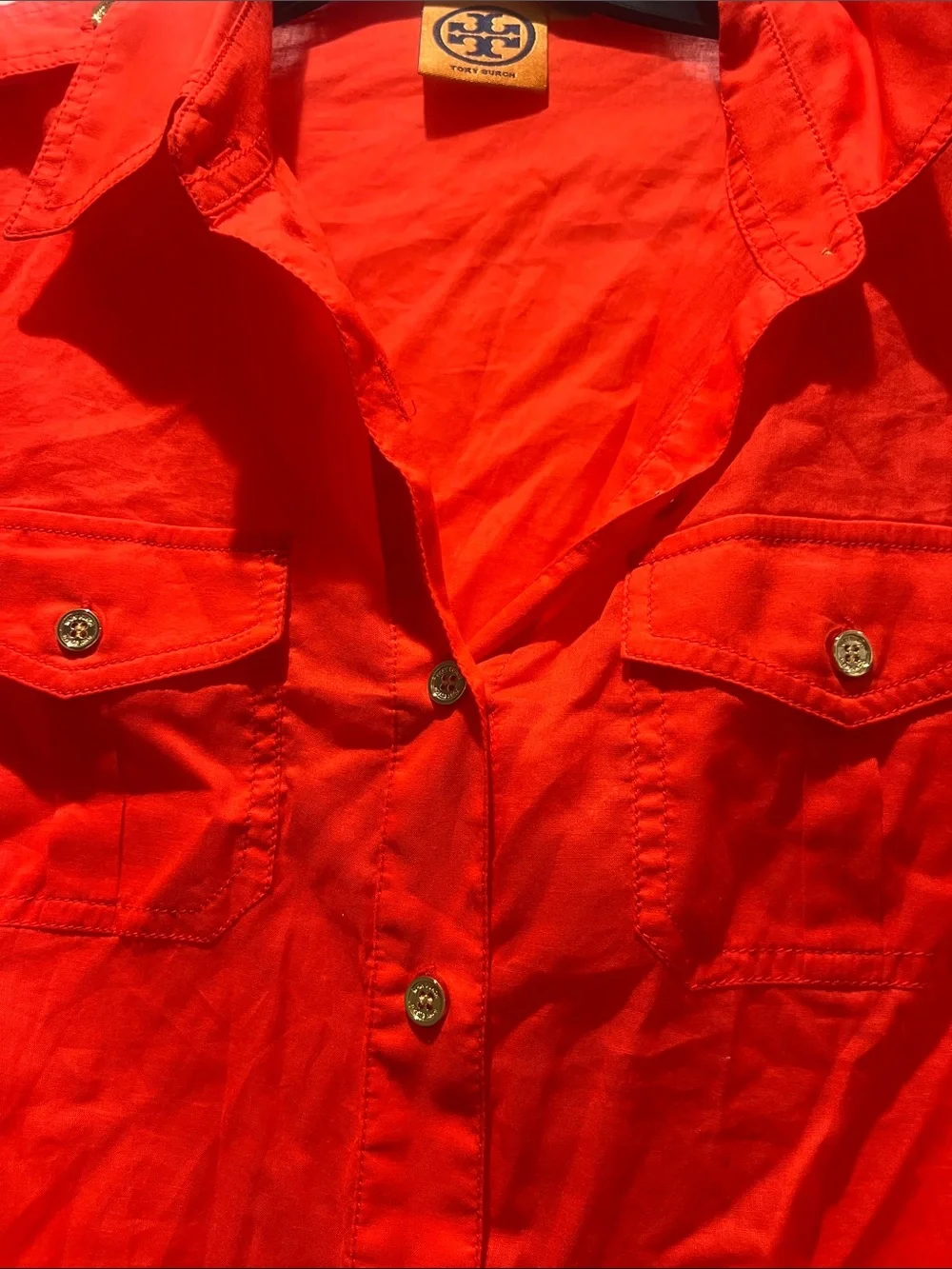Tory Burch Orange Top with Gold Buttons and Signature Logo